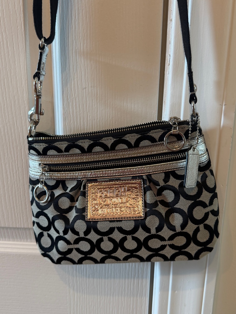 Coach Black and Silver Signature Canvas Crossbody